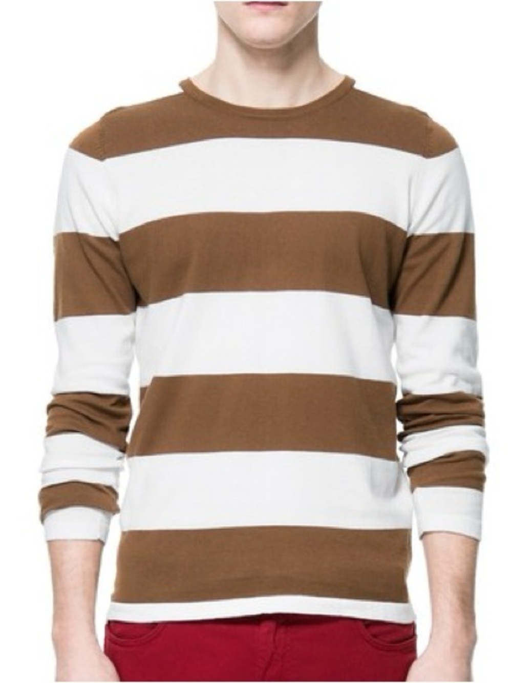 Zara Army Green White Wide Striped Men's Long Sleeve Crewneck Top